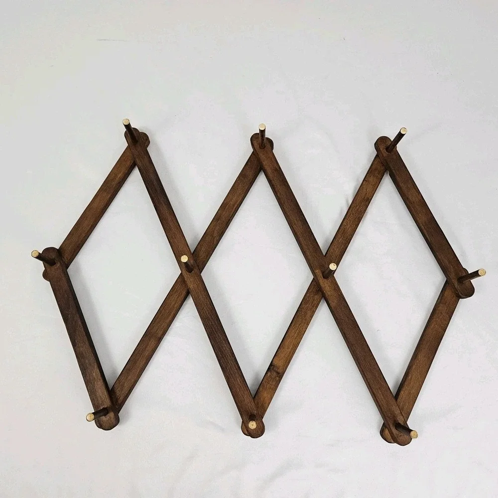 Vtg Wood Expandable Accordion Folding Rack 10 Peg Wall Hanger Hat Coat Jewelry